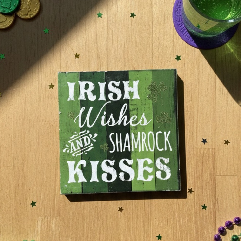NWT St. Patrick’s Day ‘Irish Kisses & Shamrock Wishes’ Sign - Green and Black